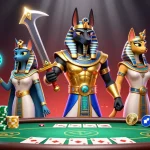 Experience thrilling f168 action with Anubis and Bastet at a vibrant poker table.