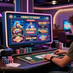 Engaging gamer exploring new online casinos on a touchscreen display in a vibrant gaming lounge.