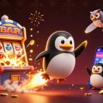 Experience the excitement of ATAS Casino with a vivid 3D illustration of a golden penguin soaring toward a poker chip-shaped casino space station.