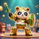 RR88 showcases a thrilling mech-suit panda engaging in a colorful casino arena with vibrant game elements.