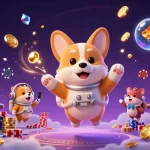 Permainan slot menarik di wslot888 dengan astronot corgi, koin emas, dan ikan menawan.