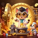 Engage with nk88's dynamic gaming experience amidst gold bars and treasures in a vibrant setting.