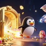 Experience the thrill of menangclub88 with a golden penguin racing toward a casino in space.