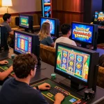 Players engaged in casinos that accept credit cards, enjoying slot games in a vibrant lounge atmosphere.