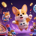 Engage with exciting online casino games featuring a cartoon astronaut corgi and vibrant casino elements.