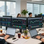 Kakakjudi trading di kantor modern, para trader berkolaborasi dengan grafik pasar dan perangkat lunak keuangan.
