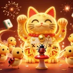 Mainkan slot dengan simbol keberuntungan yang dikelilingi oleh lampion dan koin berkilau di kasino online.