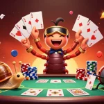 w188 poker scene featuring a millipede dealer, high-roller snail, and pill bug, surrounded by vibrant casino elements
