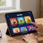 Slot7000 app interface displayed on a tablet, user engaging in a cozy home setup.