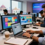 Dynamic newsroom capturing the latest updates from https://www.theindaily.com, vibrant journalist engaged in article writing.