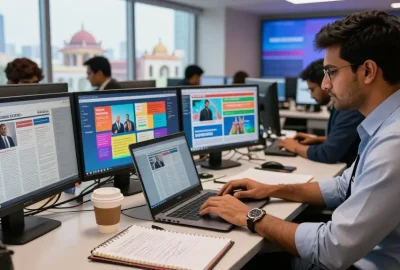Dynamic newsroom capturing the latest updates from https://www.theindaily.com, vibrant journalist engaged in article writing.